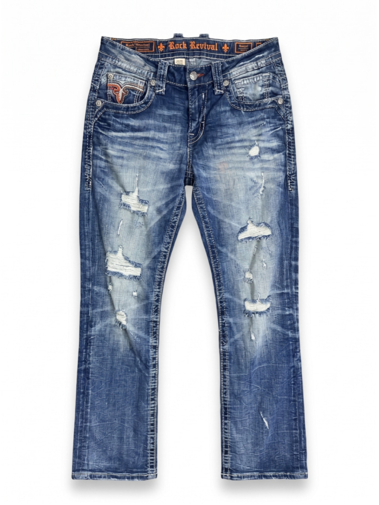 Rock Revival Clyde Straight Jeans, Distressed Streetwear, Sz 33